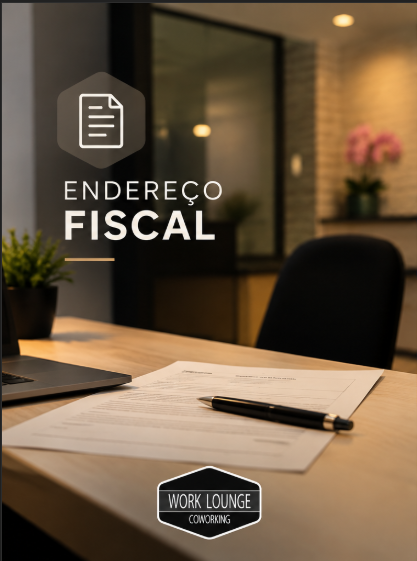 Mesa de trabalho com documentos e caneta, representando o endereço fiscal do Work Lounge.
