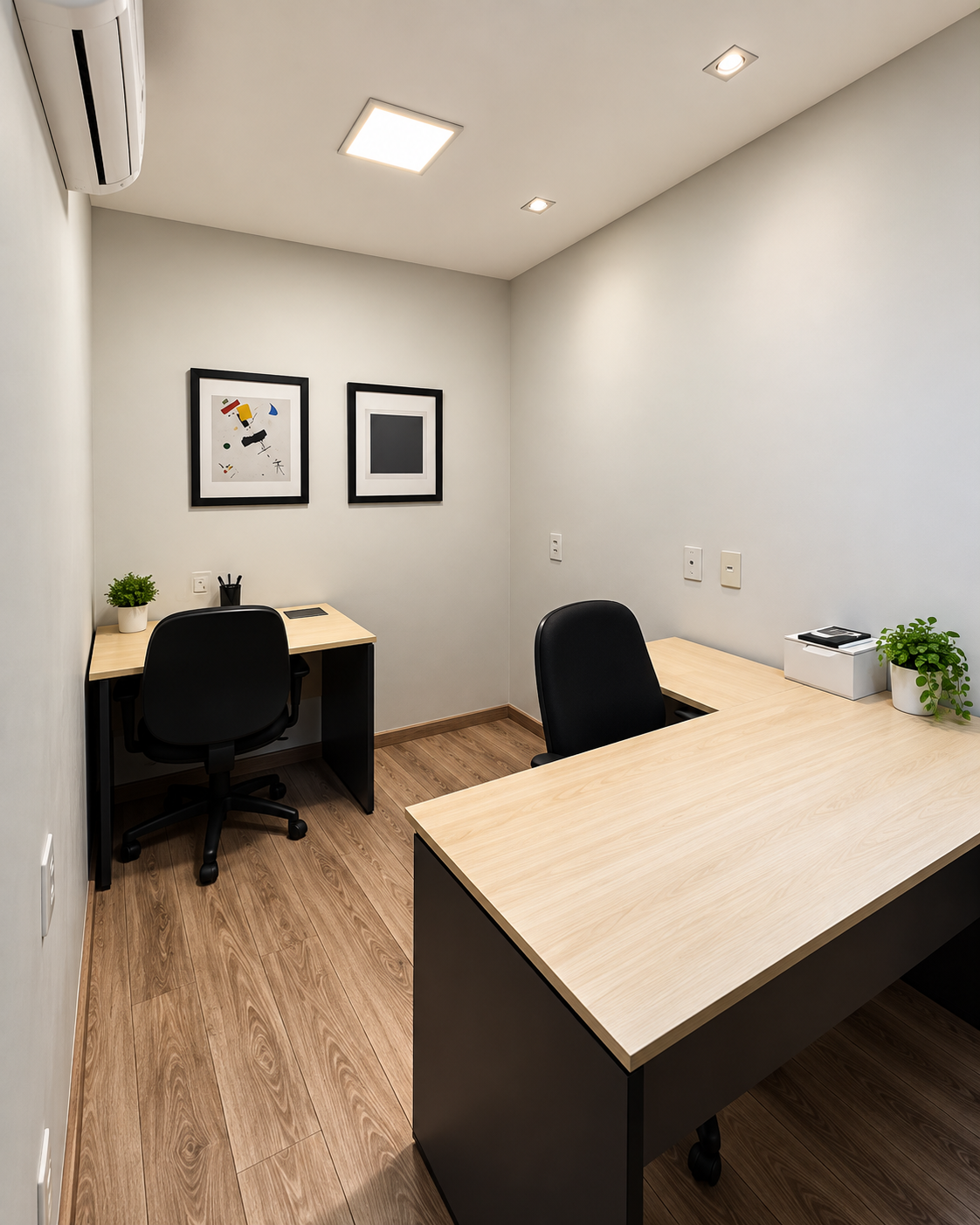 Sala privativa do Work Lounge para até 2 pessoas com mesa de apoio, bancada em L, cadeiras, quadros e ar-condicionado.