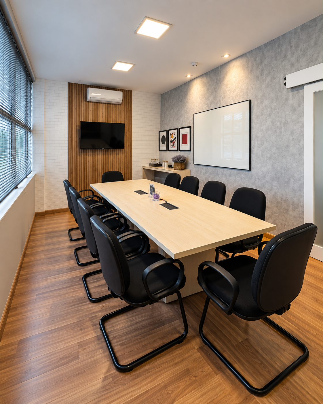 Sala de reunião do Work Lounge com mesa, cadeiras, TV e quadro branco.