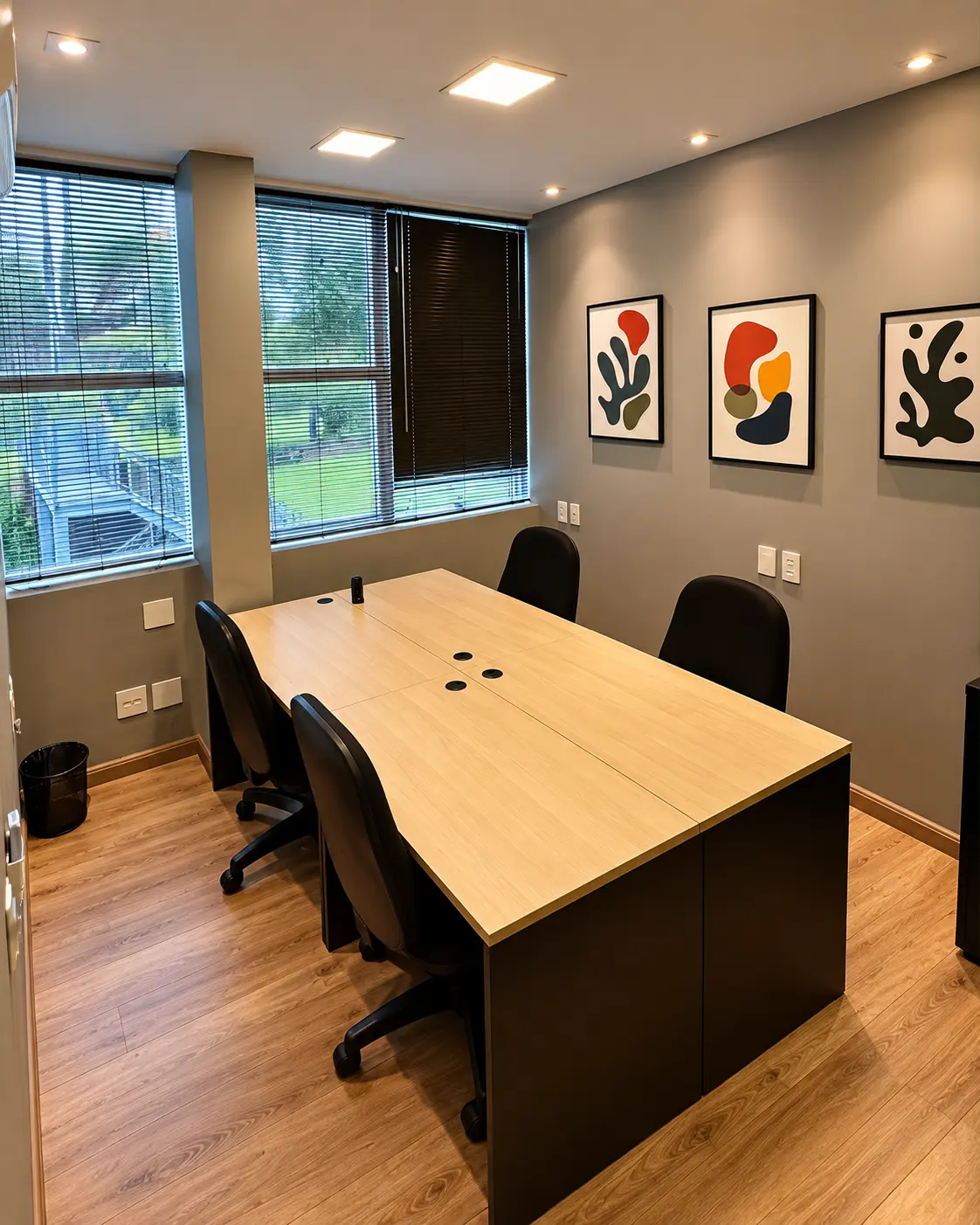 Sala privativa do Work Lounge para até 4 pessoas com mesas centrais, quadros decorativos e janelas.