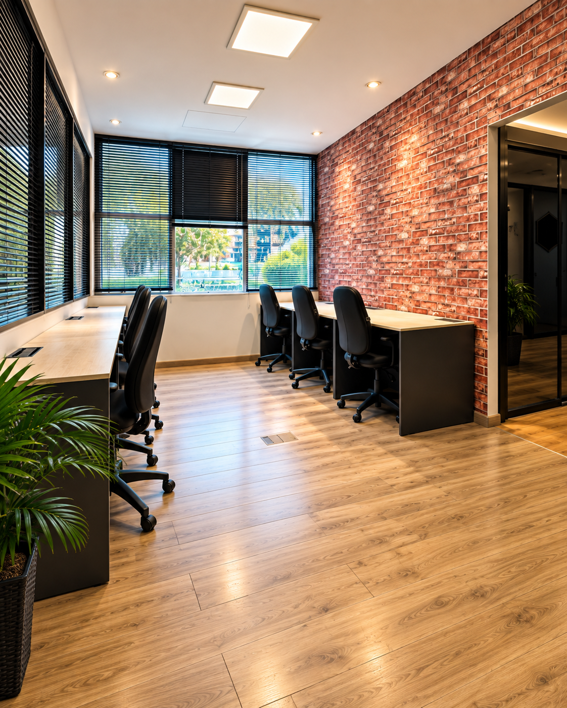 Estações de trabalho compartilhadas do Work Lounge com mesas individuais, cadeiras pretas e parede de tijolos aparentes.